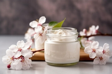 Natural Cherry Blossom Organic Cosmetics in Open Jars, Beauty and Spa Theme - Creams and Lotions for Face Care and Wellness, generative AI