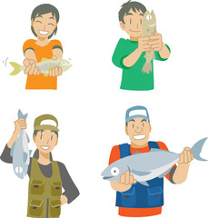 魚を持った釣り人のイラスト