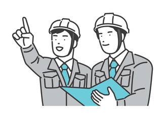 建設現場でファイルを見て指をさす作業員のベクターイラスト素材／建築／図面