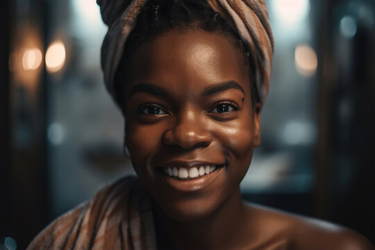 Happy black woman with towel on head in bathroom. Portrait smiling wet african american woman after shower looking at camera, hygiene self care. Generative AI