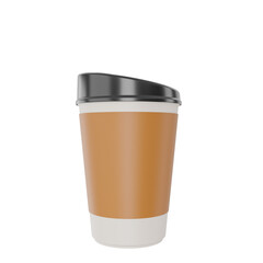 White paper coffee cup or plastic cup one with a blank black label with brown lid realistic mockup coffee or tea mug disposable beverage product 3d render illustration - clipping path