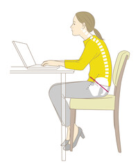 猫背の姿勢ででデスクワークする女性と骨格図