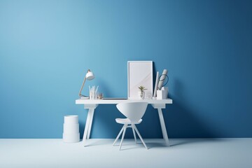 Mockup of a white table on a blue wall in a home office. Generative AI