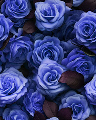 Fototapeta na wymiar Blue roses blooming in a dark toned floral scene. Created with Generative AI.