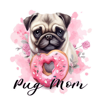 Love is sweet. Please take a treat. Poster with a cute pug. I love you. Postcard for St. Valentine's Day. Cute pug with a pink donut in the shape of a heart. Love is sweet