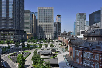 Tokyo, Tokyo Station Marunouchi Ekimae Square seen from the 6th floor terrace of KITTE. Taken May 2023.