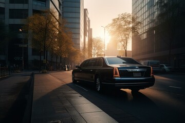Early morning limo ride in city business area. Generative AI
