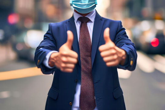 Businessman shows thumbs up on street in new york city.Generative AI.