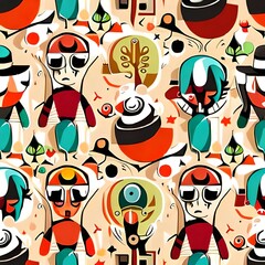 Colorful abstract background shape cartoon character seamless pattern illustration . funny art background with faces and drawing doodle using with generative AI tools