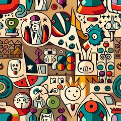 Obraz premium Colorful abstract background shape cartoon character seamless pattern illustration . funny art background with faces and drawing doodle using with generative AI tools