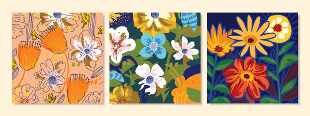 Fototapeta na wymiar Set of colorful abstract flowers and leaves floral hand drawn in retro style vector illustration wall art background.