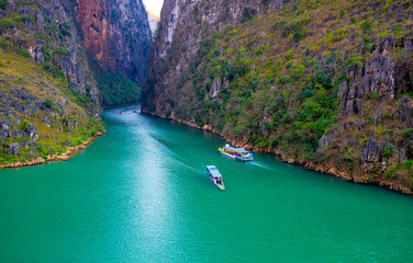 The alley of the Nho Que river. A famous river located in Ha Giang Vietnam is jade green	