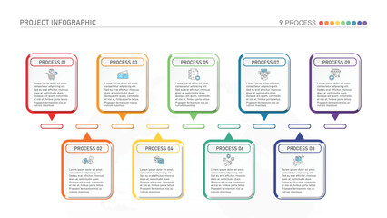 Horizontal timeline or flowchart with nine square elements and space for data. Concept of 9 successive steps of company process.