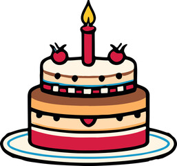 Birthday, wedding, tart cake with candle in flat color vector design in white background