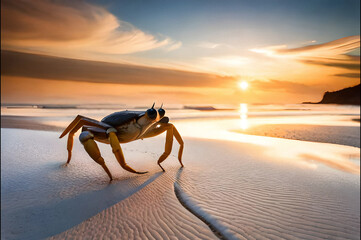 a crab is on the sand by the beach in the evening, behind it are the rays of the setting sun.