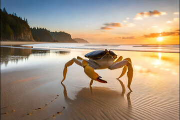 a crab is on the sand by the beach in the evening, behind it are the rays of the setting sun.