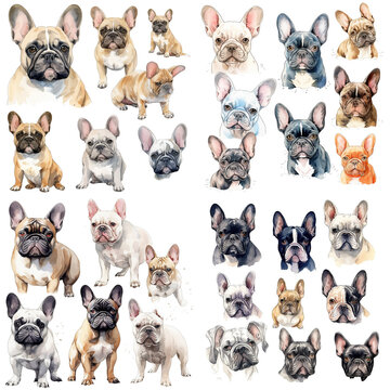 Set of watercolor pictures French Bulldog dog clip art, multicolored