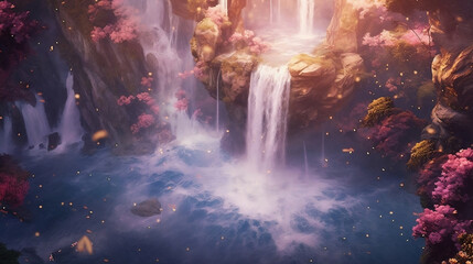 Enchanted Waterfall Romance, where the ethereal beauty of a daylight-illuminated fairytale landscape merges with a cascading pink wonder, captivating with cinematic light and dreamlike ambiance - obrazy, fototapety, plakaty