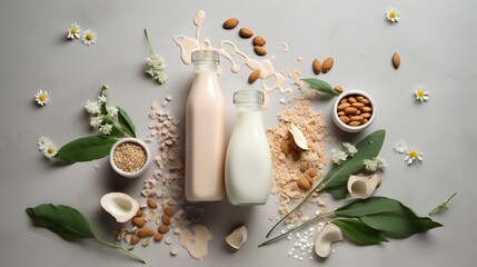 Plant based milk, various types of vegan milk. The growing trend towards dairy alternatives in the quest for a more sustainable and health conscious lifestyle. Generative AI - obrazy, fototapety, plakaty