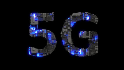 modern cybernetic text 5G shining blue electrical light, isolated - object 3D rendering