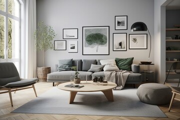 Contemporary Scandinavian living room with 3D rendering and illustration. Generative AI