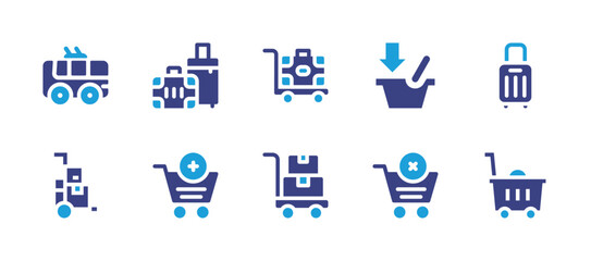 Trolley icon set. Duotone color. Vector illustration. Containing trolley bus, baggage, luggage, add to cart, trolley, remove from cart, cart.