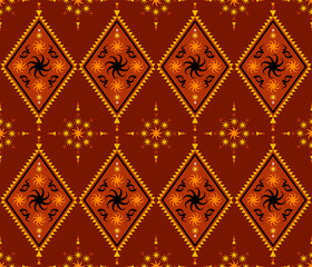 Emblem ethnic folk geometric seamless pattern in red and orange vector illustration design for fabric, mat, carpet, scarf, wrapping paper, tile and more