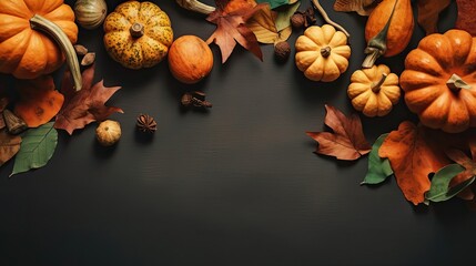 Thanksgiving day with a collection of pumpkins and other vegetables on brown wood table background