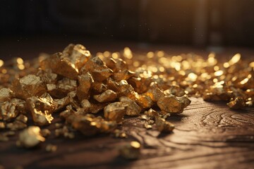 Detailed closeup of gold nuggets on floor. Realistic 3D rendering. Generative AI
