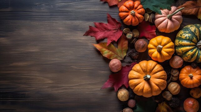 Thanksgiving day with a collection of pumpkins and other vegetables on brown wood table background