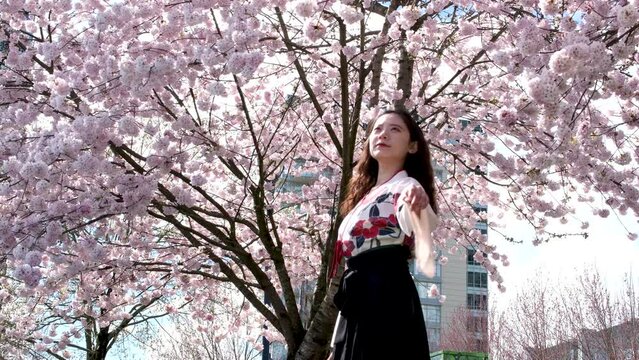 sad asian girl stands near cherry blossoms on the bridge looks down waves sprinkles petals rest journey imagine beauty spring, girl near a flowering tree. High quality 4k footage