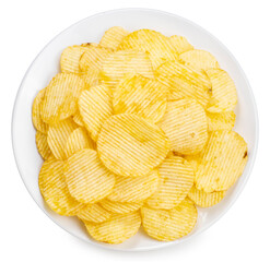 Snack Potato chips,Potato chips on white plate isolated on white background, Fried Potato chips on white With clipping path.
