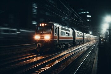 Naklejka na ściany i meble A sleek train speeds through the night on railroad tracks with blurred motion effects. Generative AI