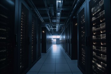 A dim data center with cloud storage servers. Generative AI