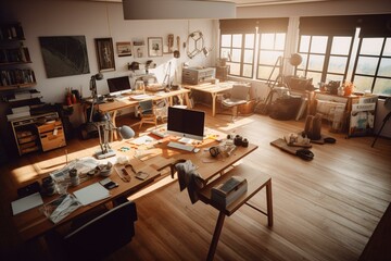 A tidy shared workspace with wood floors, natural light, furnishings, and tools. Rendered in 3D. Generative AI