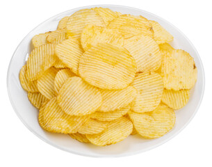 Snack Potato chips,Potato chips on white plate on white background, Fried Potato chips on white PNG File.