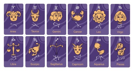 Cute zodiac symbols cards. Cartoon horoscope signs, constellation with illustrations, funny aries, taurus, gemini, libra, leo, vector set