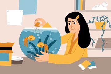 Girl takes care of aquarium fish. Feeding pets, happy owner pours food into water, goldfish eat, pleasant leisure and hobby, vector concept