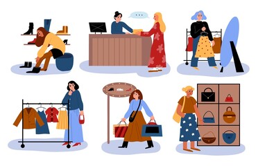 Shoppers shop in stores. Happy women try on clothes in mall, wardrobe updating, discount season, fitting rooms with visitors, vector set