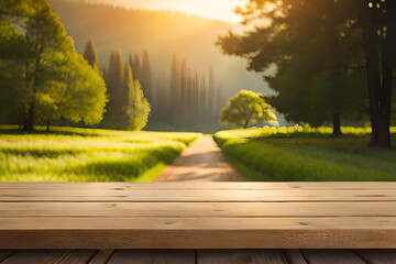 Naklejka na ściany i meble Empty wood table with blurred background of nature. Generative AI illustration.