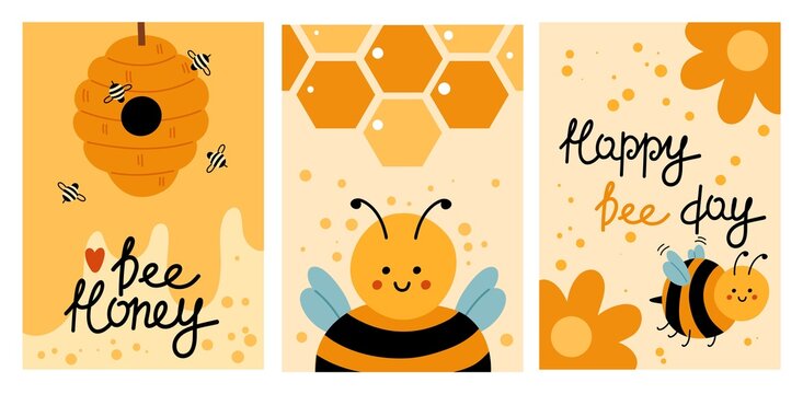Cartoon honey bees characters. Cute creatures fly to hive, natural sweet product collectors, flower pollen, healthcare, vector cards set