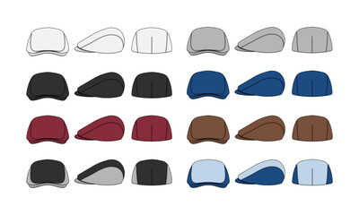 Flat cap ( hunting hat ) vector template illustration set