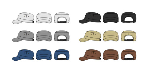 Military cadet cap ( work cap ) vector template illustration set - obrazy, fototapety, plakaty