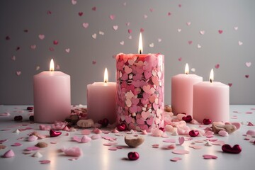 Heart-shaped candles with pink confetti and hearts on a white background. Candle in the center. Generative AI