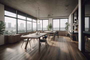 Coworking space with a city view, natural light, modern furniture, wooden floor, and curtains. Rendered in 3D. Generative AI