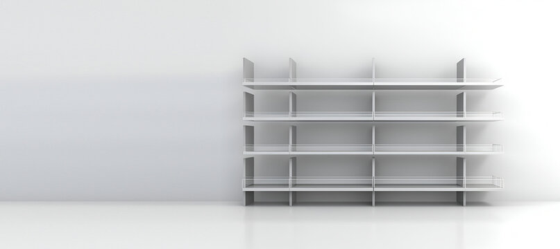 Creative interior concept. Empty large white wall with long empty store shelf and showcase rack. Warehouse store Template Banner for product presentation. 3D rendering. copy text space