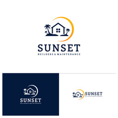 House on the beach logo template, Creative House logo design vector, Sun logo concepts