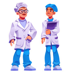 Cartoon doctor character team set vector illustration. Medical group with male professional staff. Standing therapist with stethoscope or dentist in uniform isolated on white background.