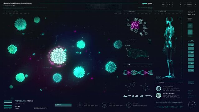 Modern software deals with the disease study in the background. Software is studying the new form of the coronavirus disease in the black background. Software studies disease bacteria in a background.