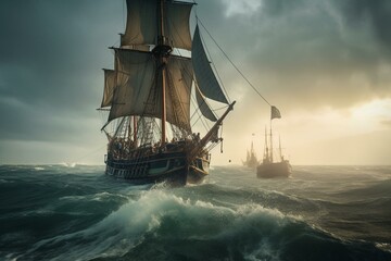 Fototapeta na wymiar Intense ocean fight on 14th century, sailing vessel. Generative AI